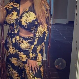 Black oriental print tie front jumpsuit